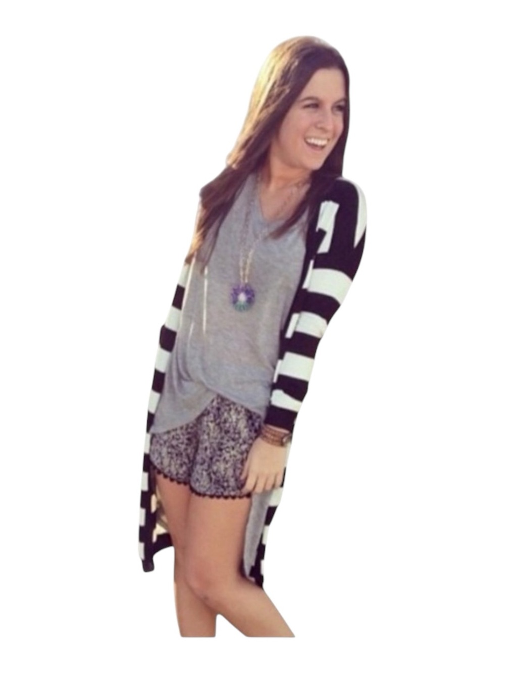 new LF Millau ᯾ Stripe V Neck Long Cardigan Duster Sweater ᯾ Black + White